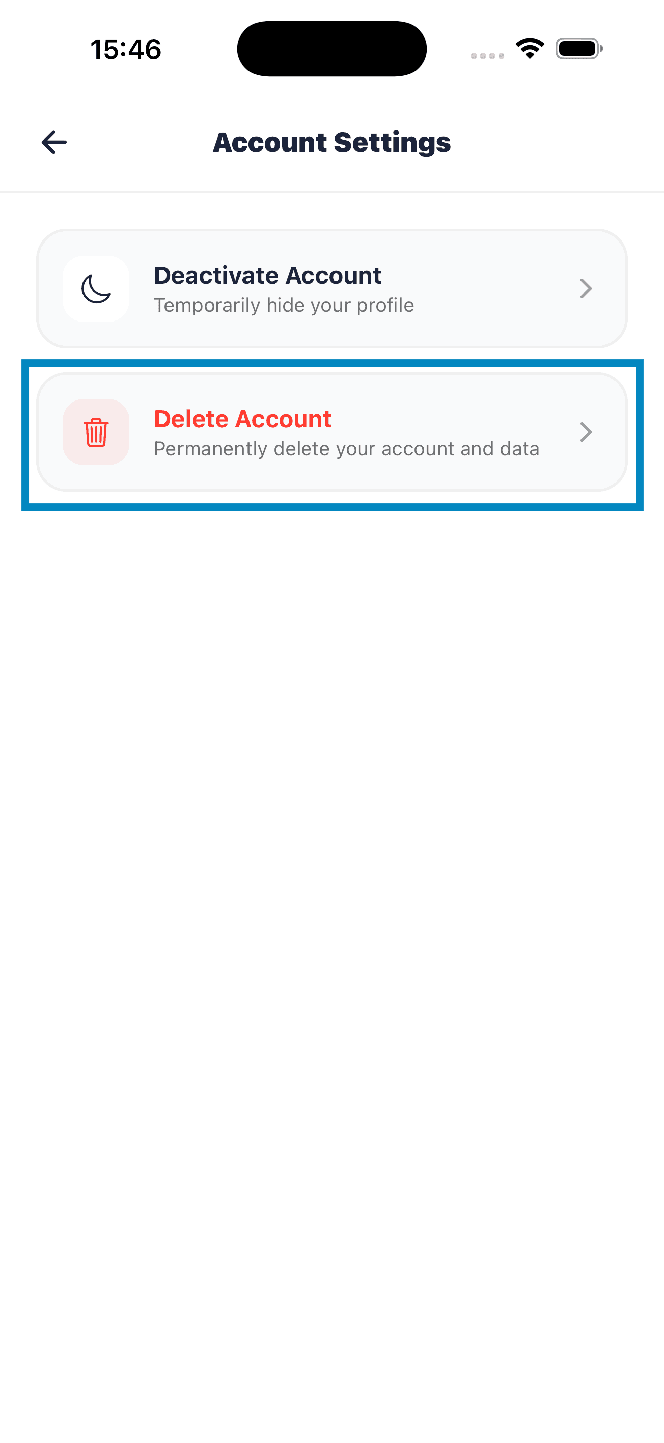 Account Settings screen with Delete Account highlighted